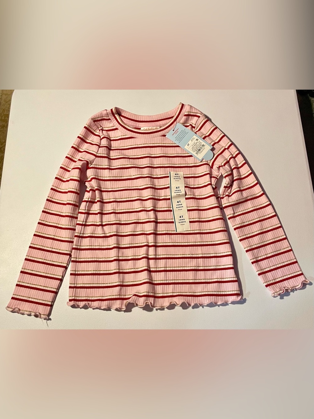 Cat & Jack Toddler Girls 4T Striped Ribbed Long Sleeve Shirt Pink Red Gold NWT